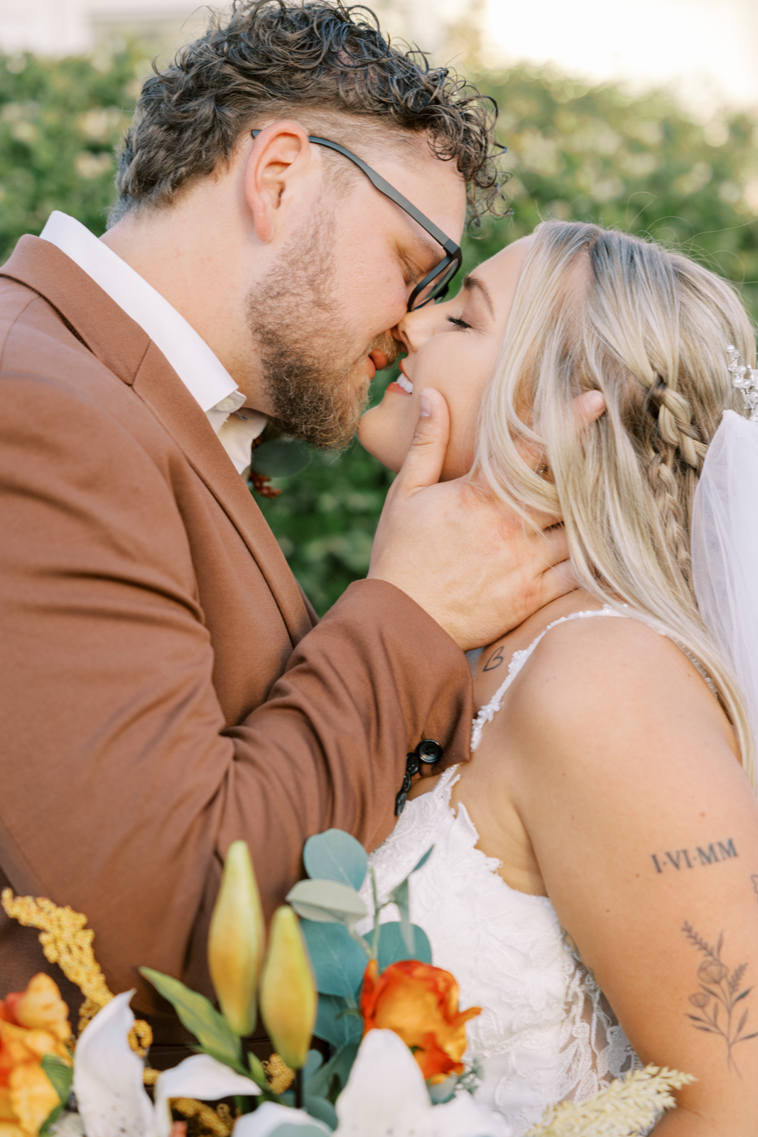 Bride and groom portraits at backyard wedding in Clovis